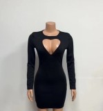Women Round Neck Sexy Hollow Bodycon Long Sleeve Dress