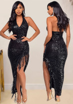 Halter Neck Deep V Tassel Sleeveless Sexy Irregular Sequin Party Dress