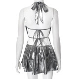 Women metallic v-neck sexy backless lace-up pleated dress