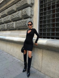 Women Round Neck Sexy Hollow Bodycon Long Sleeve Dress