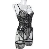 Women Summer Lace Lace Hollow Lace-Up Underwire Suspender Bodysuit Sexy Lingerie Set