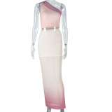 Fashionable Women's Tight Fitting Gradient Slash Shoulder Two-Piece Skirt Set