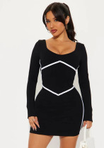 Spring Women's Long Sleeve Contrast Color Tight Fitting Bodycon Short Dress Spring Women's Long Sleeve Contrast Color Tight Fitting Bodycon Short Dress