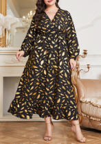 Plus Size Elastic Waist Feather Print Women's Dress