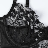 Women Summer Lace Lace Hollow Lace-Up Underwire Suspender Bodysuit Sexy Lingerie Set