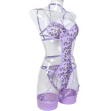Women Leaf Embroidery Metal Hollow Chain Halter Neck Cross Sexy Bodysuit