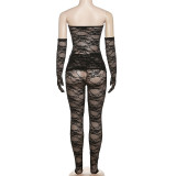 Women Sexy Lace Strapless Top Stockings Pants 2-piece Set