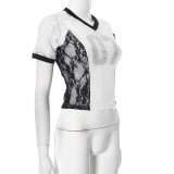 Women French contrast digital beaded lace mesh patchwork See-Through T-shirt Top