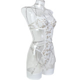 Women Leaf Embroidery Metal Hollow Chain Halter Neck Cross Sexy Bodysuit