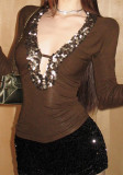 Sequin Patchwork Deep V-Neck Hollow Contrast Color Sexy Slim Fit Long Sleeve Top