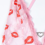 Women Red Lips Lace See-Through Sexy Suspender Bodysuit Sexy Lingerie