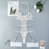 Women Leaf Embroidery Metal Hollow Chain Halter Neck Cross Sexy Bodysuit