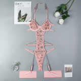 Women Leaf Embroidery Metal Hollow Chain Halter Neck Cross Sexy Bodysuit