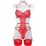Women Leaf Embroidery Metal Hollow Chain Halter Neck Cross Sexy Bodysuit