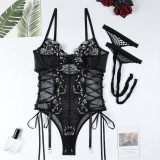 Women Summer Lace Lace Hollow Lace-Up Underwire Suspender Bodysuit Sexy Lingerie Set