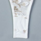 Women Leaf Embroidery Metal Hollow Chain Halter Neck Cross Sexy Bodysuit