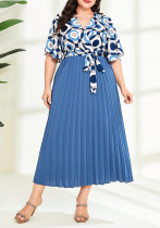 Summer Elegant Chic Patchwork Pleated Lace-Up Plus Size Women's Short Sleeve Dress