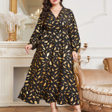 Plus Size Elastic Waist Feather Print Women's Dress