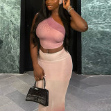 Fashionable Women's Tight Fitting Gradient Slash Shoulder Two-Piece Skirt Set