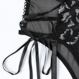 Women Summer Lace Lace Hollow Lace-Up Underwire Suspender Bodysuit Sexy Lingerie Set