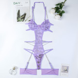 Women Leaf Embroidery Metal Hollow Chain Halter Neck Cross Sexy Bodysuit