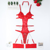 Women Leaf Embroidery Metal Hollow Chain Halter Neck Cross Sexy Bodysuit