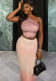 Fashionable Women's Tight Fitting Gradient Slash Shoulder Two-Piece Skirt Set