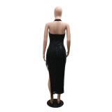 Halter Neck Deep V Tassel Sleeveless Sexy Irregular Sequin Party Dress