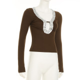 Sequin Patchwork Deep V-Neck Hollow Contrast Color Sexy Slim Fit Long Sleeve Top