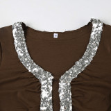 Sequin Patchwork Deep V-Neck Hollow Contrast Color Sexy Slim Fit Long Sleeve Top