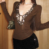Sequin Patchwork Deep V-Neck Hollow Contrast Color Sexy Slim Fit Long Sleeve Top