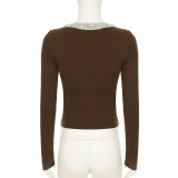 Sequin Patchwork Deep V-Neck Hollow Contrast Color Sexy Slim Fit Long Sleeve Top