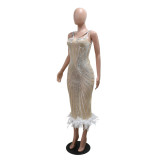 Fashionable Stripsequined Slim Waist Fur Bodycon Party Evening Dress