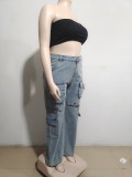 Women Pocket Removable Button Denim Pants