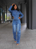 Women Spring Pocket Stretchy Denim 2-Piece Set