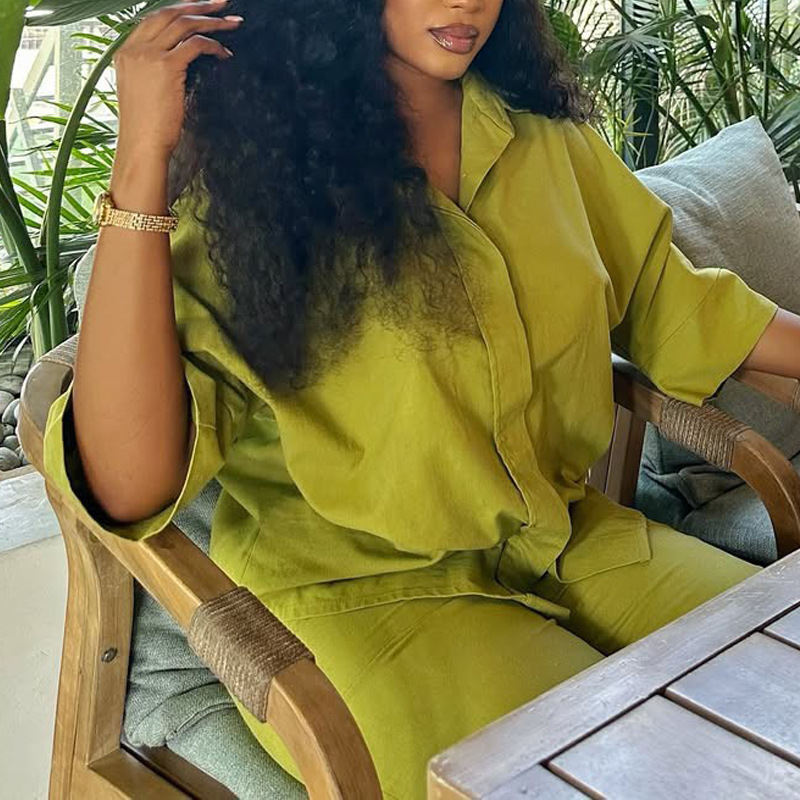 Plus Size Women summer solid African Top and long pants two-piece set