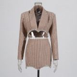 Women Diamond Blazer Bodycon Skirt Two-piece Set
