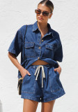 Women Summer Casual Loose Pocket Short Sleeve Shirt and Shorts Denim 2-Piece Set