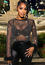 Women Sexy See-Through Beaded Mesh Long Sleeve Patchwork Feather Top
