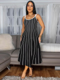 Women retro stripe patchwork contrast backless sleeveless dress