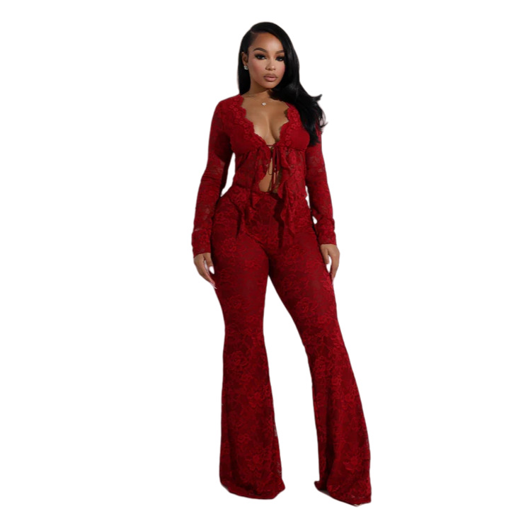 Women sexy with hollow long sleeves lace Top and Pants Two-piece Set