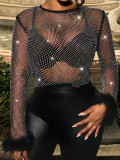 Women Sexy See-Through Beaded Mesh Long Sleeve Patchwork Feather Top