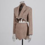 Women Diamond Blazer Bodycon Skirt Two-piece Set