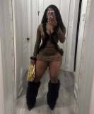 Women furry patchwork lace top and leopard print skirt two-piece set