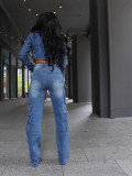 Women Spring Pocket Stretchy Denim 2-Piece Set
