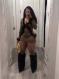 Women furry patchwork lace top and leopard print skirt two-piece set