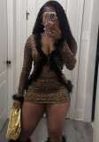 Women furry patchwork lace top and leopard print skirt two-piece set