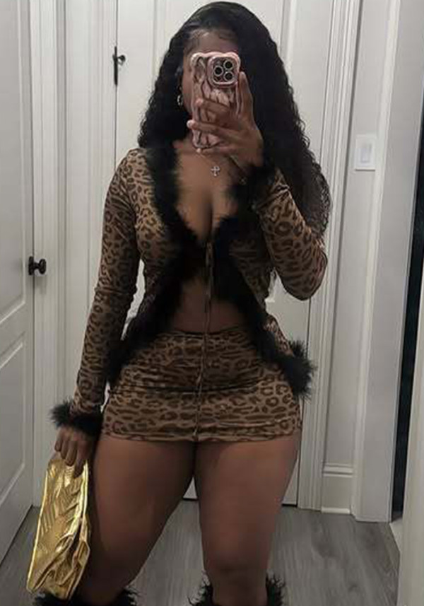 Women furry patchwork lace top and leopard print skirt two-piece set