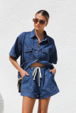 Women Summer Casual Loose Pocket Short Sleeve Shirt and Shorts Denim 2-Piece Set