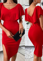Women Red V-neck Slit Dress Women Red V-neck Slit Dress